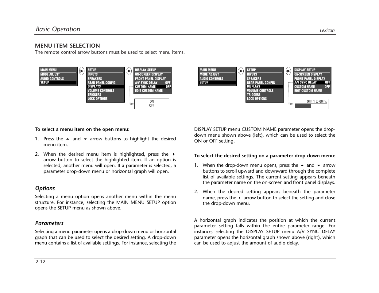 Basic operation, Menu item selection, Options | Parameters | Lexicon MC-12 Digital Controller Lexicon MC-12 User Manual | Page 29 / 194