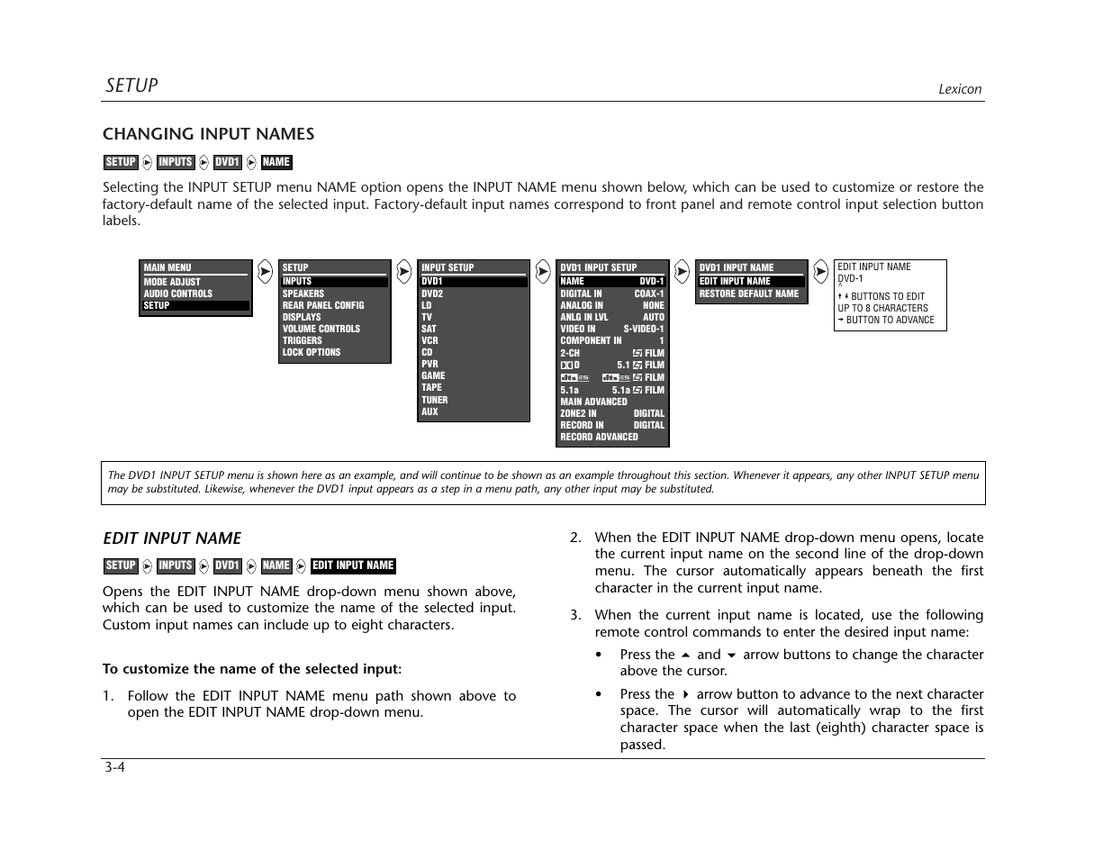 Setup, Changing input names, Edit input name | Lexicon MC-12 Digital Controller Lexicon MC-12 User Manual | Page 46 / 194
