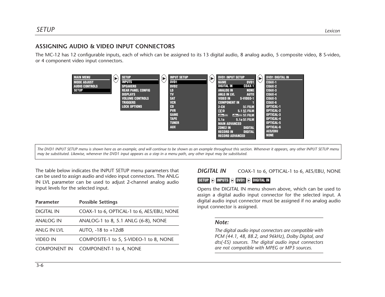 Setup, Assigning audio & video input connectors, Digital in | Lexicon MC-12 Digital Controller Lexicon MC-12 User Manual | Page 48 / 194