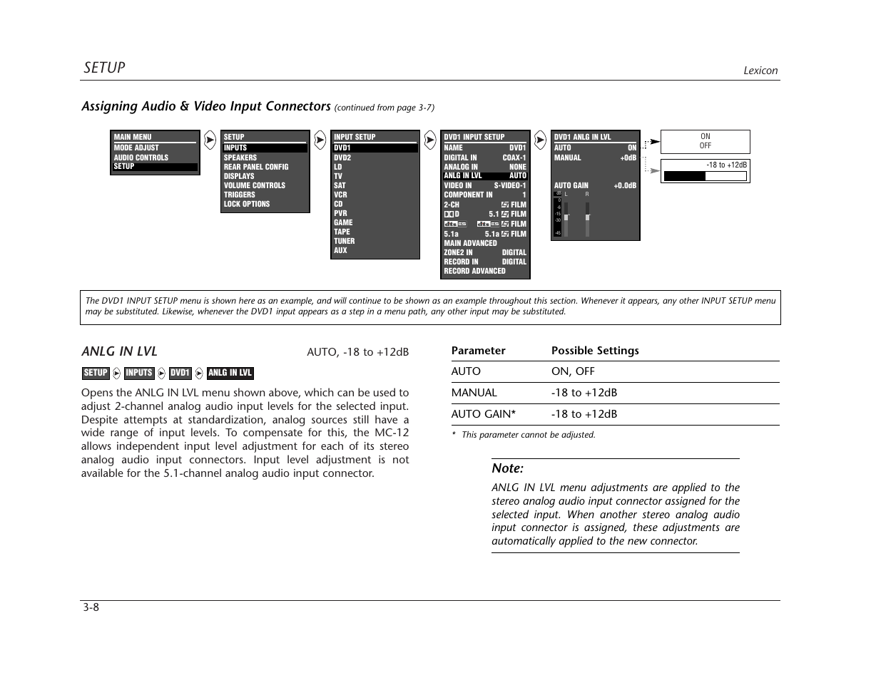 Setup, Anlg in lvl, Assigning audio & video input connectors | Lexicon 3-8 | Lexicon MC-12 Digital Controller Lexicon MC-12 User Manual | Page 50 / 194