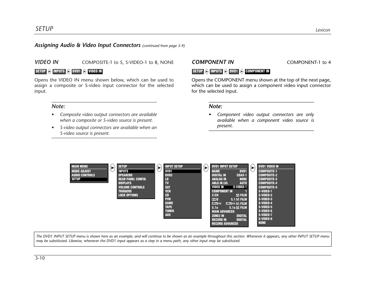 Setup, Video in, Component in | Assigning audio & video input connectors | Lexicon MC-12 Digital Controller Lexicon MC-12 User Manual | Page 52 / 194