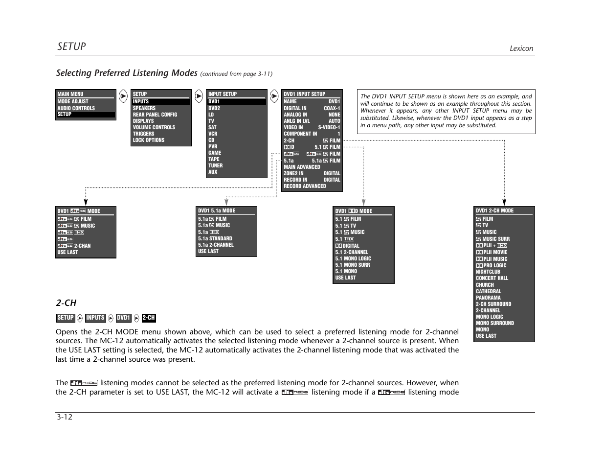 Setup, Selecting preferred listening modes | Lexicon MC-12 Digital Controller Lexicon MC-12 User Manual | Page 54 / 194