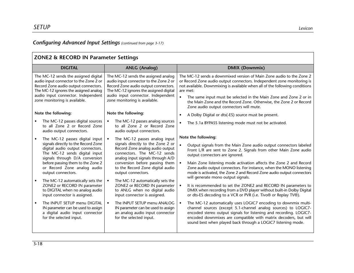 Setup, Configuring advanced input settings, Zone2 & record in parameter settings | Lexicon MC-12 Digital Controller Lexicon MC-12 User Manual | Page 60 / 194