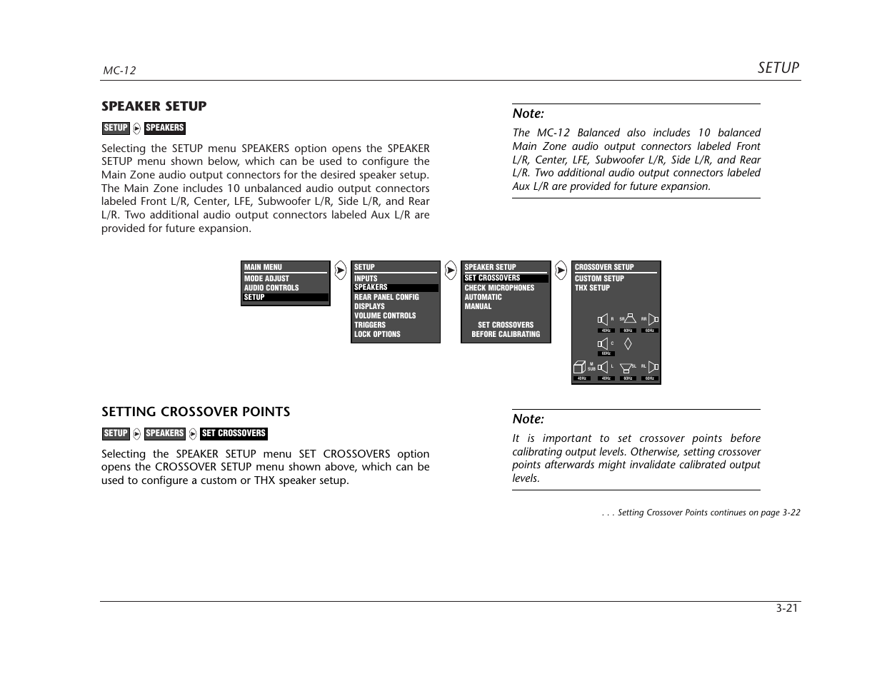 Setup, Speaker setup, Setting crossover points | Lexicon MC-12 Digital Controller Lexicon MC-12 User Manual | Page 63 / 194