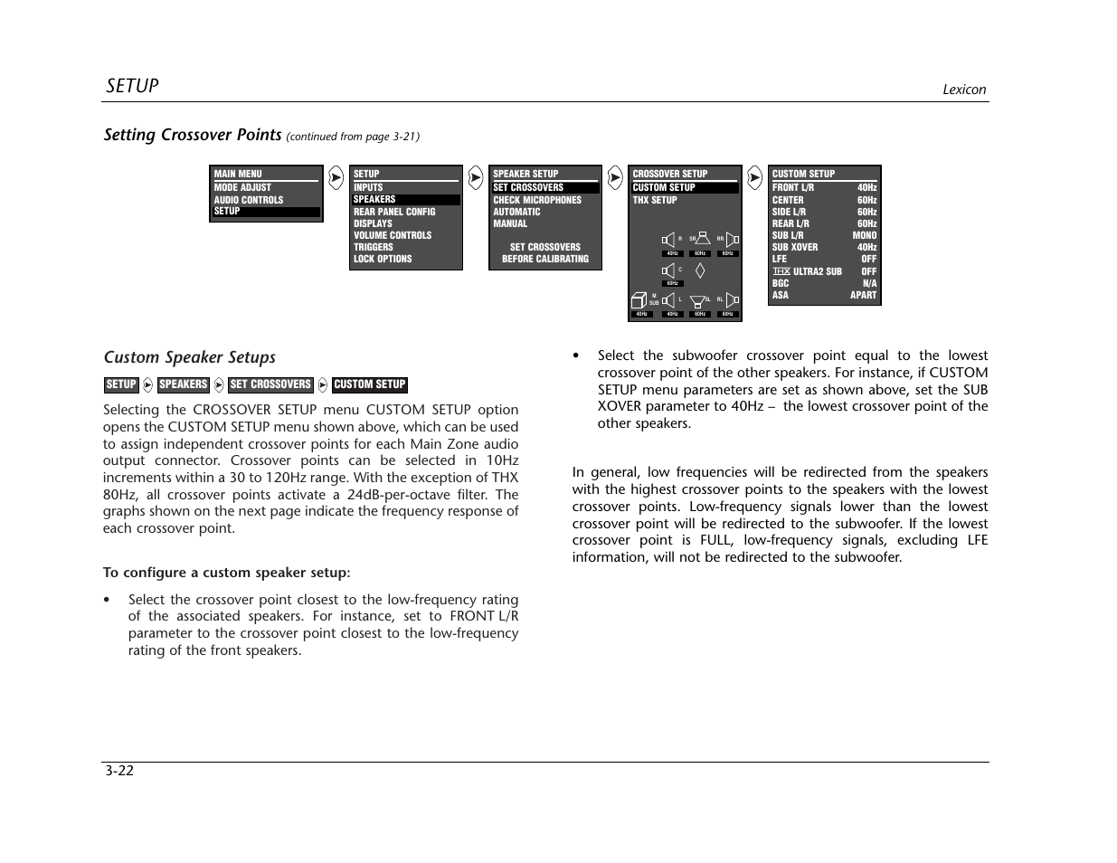 Setup, Custom speaker setups, Setting crossover points | Lexicon 3-22 | Lexicon MC-12 Digital Controller Lexicon MC-12 User Manual | Page 64 / 194