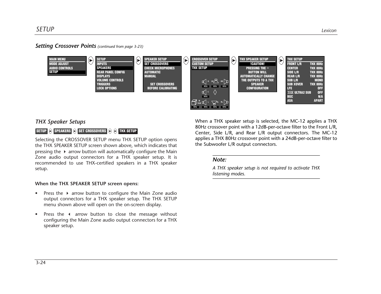 Setup, Thx speaker setups, Setting crossover points | Lexicon 3-24 | Lexicon MC-12 Digital Controller Lexicon MC-12 User Manual | Page 66 / 194