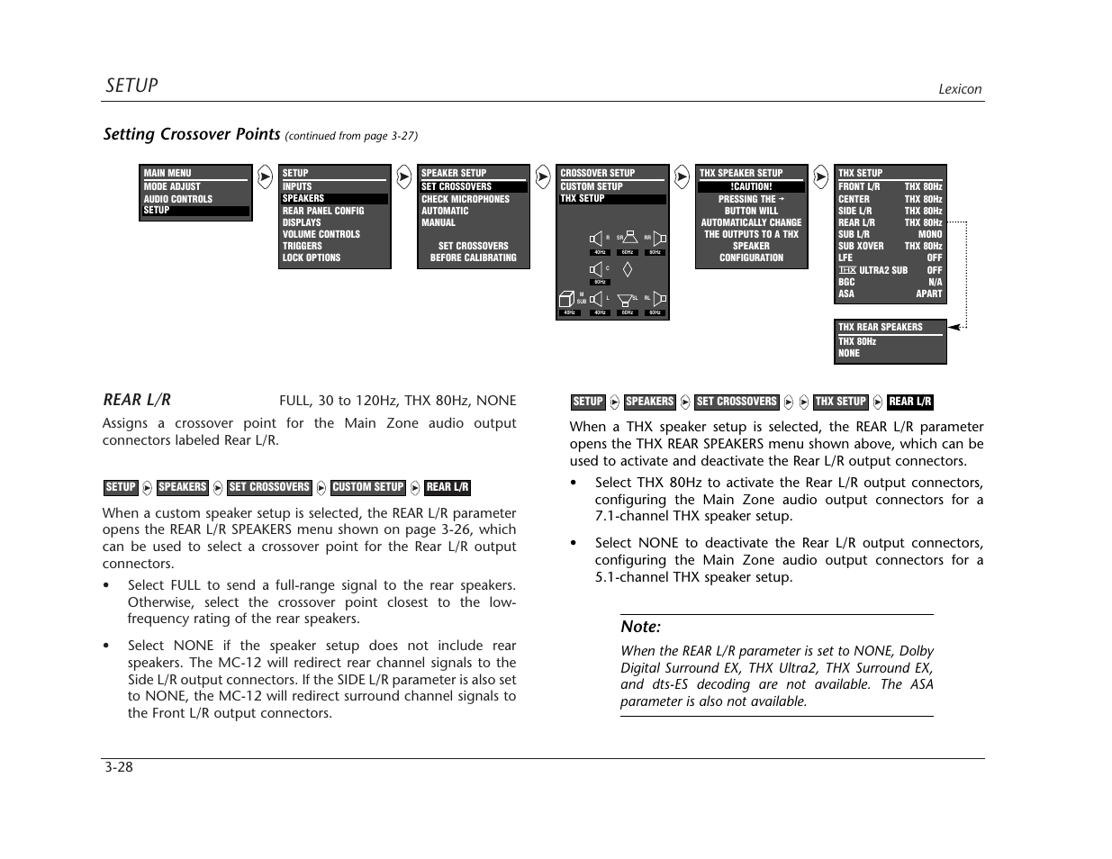 Setup, Rear l/r, Setting crossover points | Lexicon 3-28 | Lexicon MC-12 Digital Controller Lexicon MC-12 User Manual | Page 70 / 194