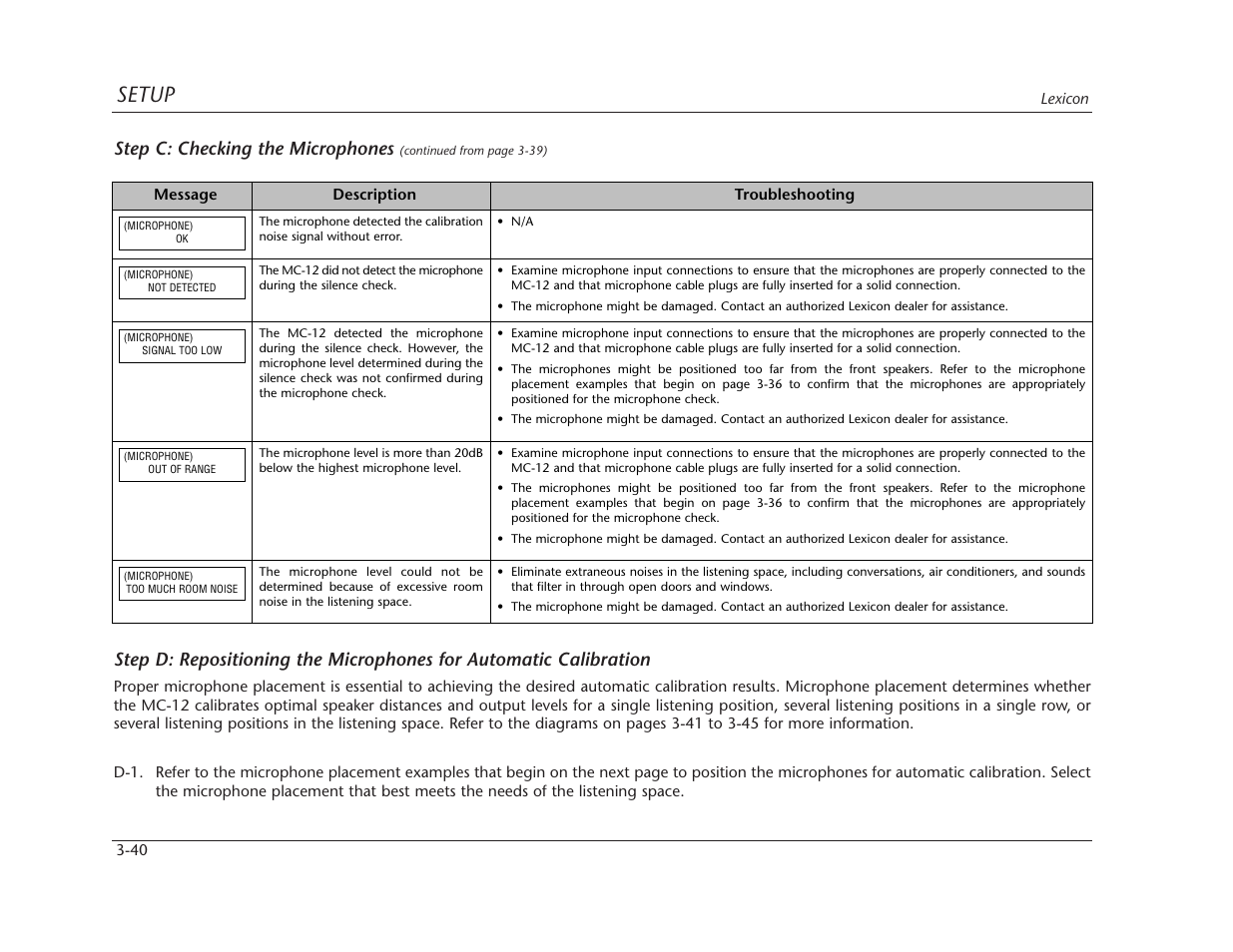 Setup, Step c: checking the microphones | Lexicon MC-12 Digital Controller Lexicon MC-12 User Manual | Page 82 / 194