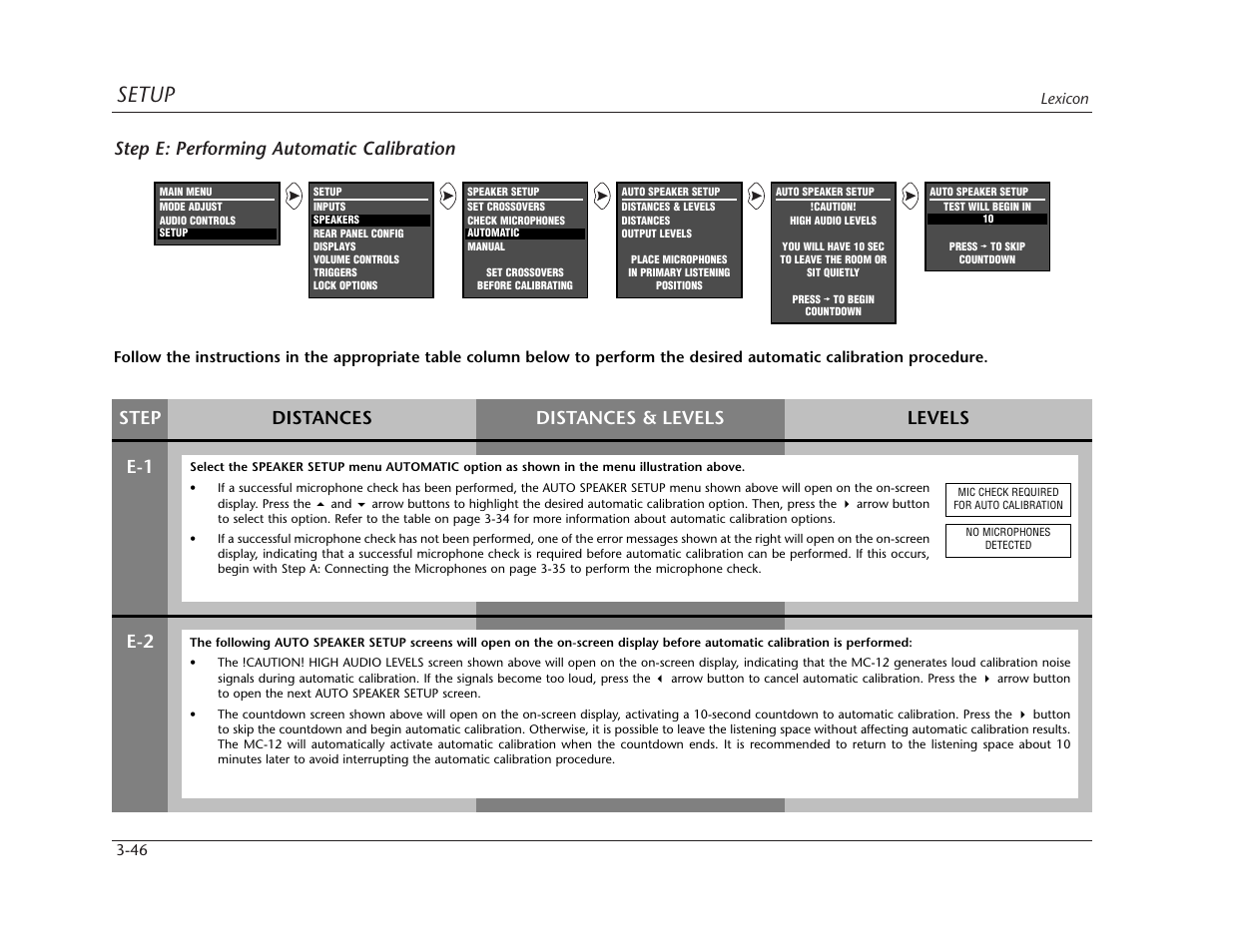 Setup, Step e: performing automatic calibration, Step distances levels distances & levels | E-1 e-2 | Lexicon MC-12 Digital Controller Lexicon MC-12 User Manual | Page 88 / 194