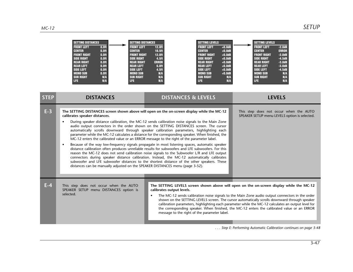 Setup, Step distances levels distances & levels, E-3 e-4 | Lexicon MC-12 Digital Controller Lexicon MC-12 User Manual | Page 89 / 194