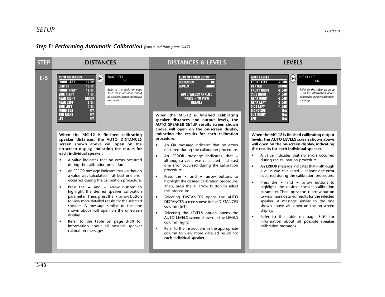 Setup, Step distances levels distances & levels, E-5 step e: performing automatic calibration | Lexicon MC-12 Digital Controller Lexicon MC-12 User Manual | Page 90 / 194