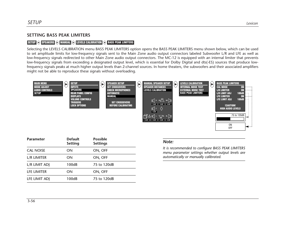 Setup, Setting bass peak limiters | Lexicon MC-12 Digital Controller Lexicon MC-12 User Manual | Page 98 / 194