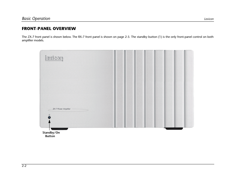 Front-panel overview -2, Basic operation, Front-panel overview | Lexicon Power Amplifier RX-7 User Manual | Page 12 / 32