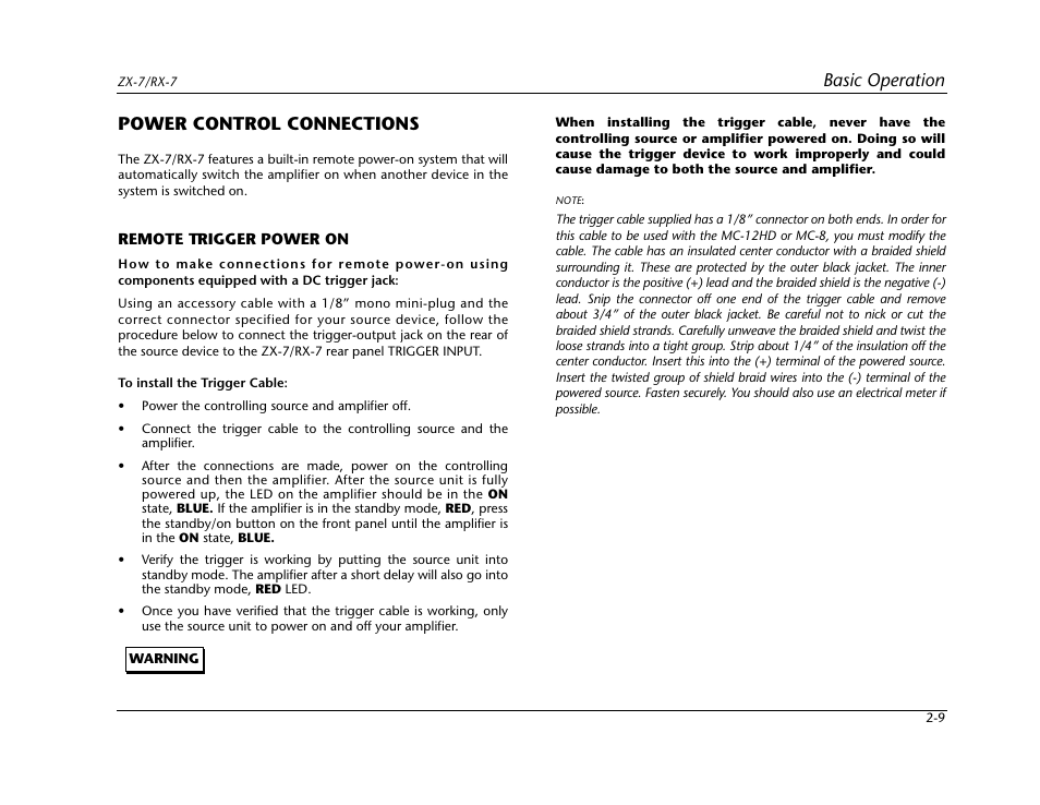 Power control connections -9, Remote trigger power on -9, Basic operation | Power control connections | Lexicon Power Amplifier RX-7 User Manual | Page 19 / 32