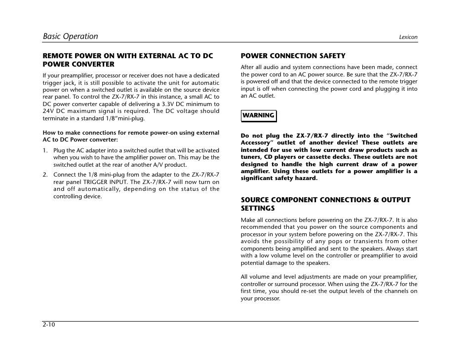 Basic operation | Lexicon Power Amplifier RX-7 User Manual | Page 20 / 32