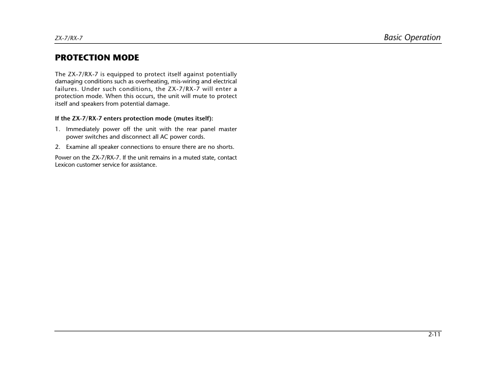 Protection mode -11, Basic operation, Protection mode | Lexicon Power Amplifier RX-7 User Manual | Page 21 / 32