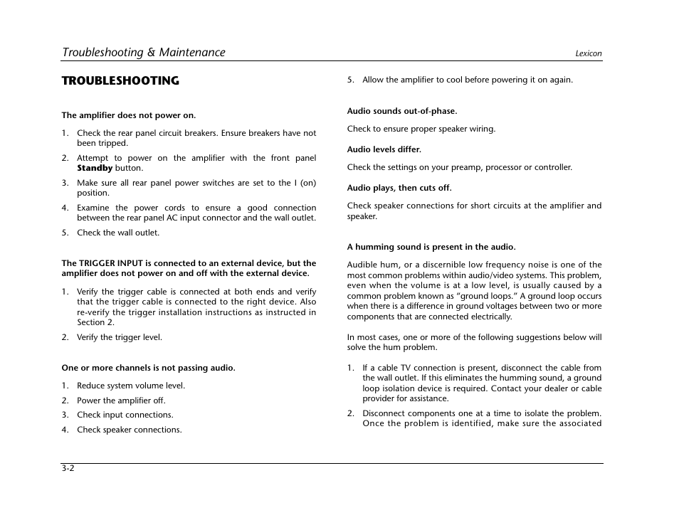 Troubleshooting -2, Troubleshooting & maintenance, Troubleshooting | Lexicon Power Amplifier RX-7 User Manual | Page 24 / 32