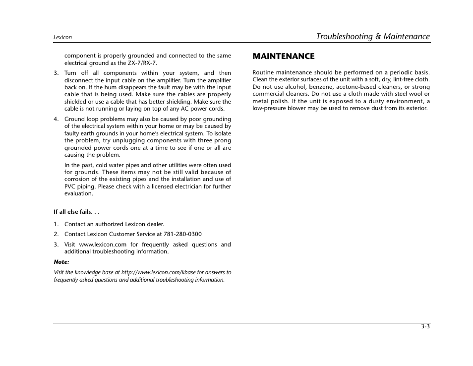 Maintenance -3, Troubleshooting & maintenance, Maintenance | Lexicon Power Amplifier RX-7 User Manual | Page 25 / 32