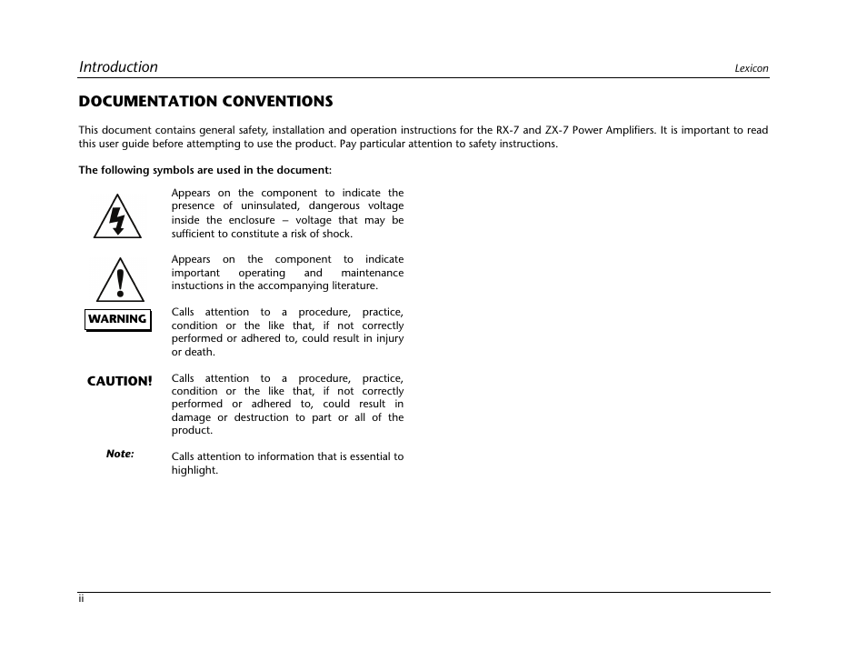 Introduction, Documentation conventions | Lexicon Power Amplifier RX-7 User Manual | Page 4 / 32