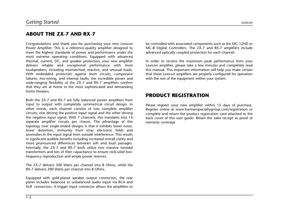 About the zx-7 and rx-7 -2 product registration -2, About the zx-7 and rx-7 -2, Product registration -2 | Getting started, About the zx-7 and rx-7, Product registration | Lexicon Power Amplifier RX-7 User Manual | Page 8 / 32