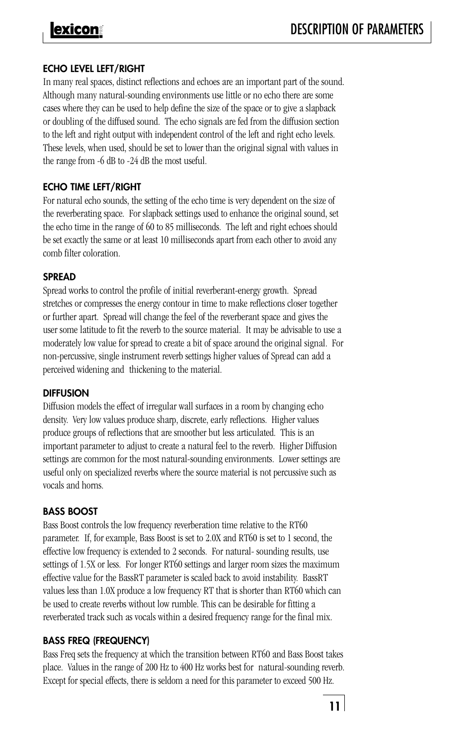 Description of parameters | Lexicon PANTHEON musical instrument User Manual | Page 11 / 16