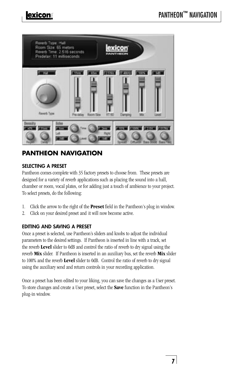 Pantheon, Navigation | Lexicon PANTHEON musical instrument User Manual | Page 7 / 16