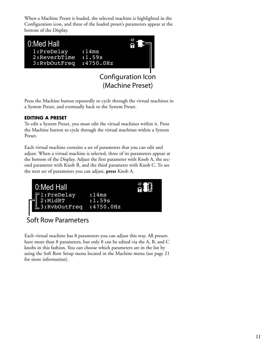 Med hall, Configuration icon (machine preset), Soft row parameters | Lexicon PCM92 User Manual | Page 17 / 64