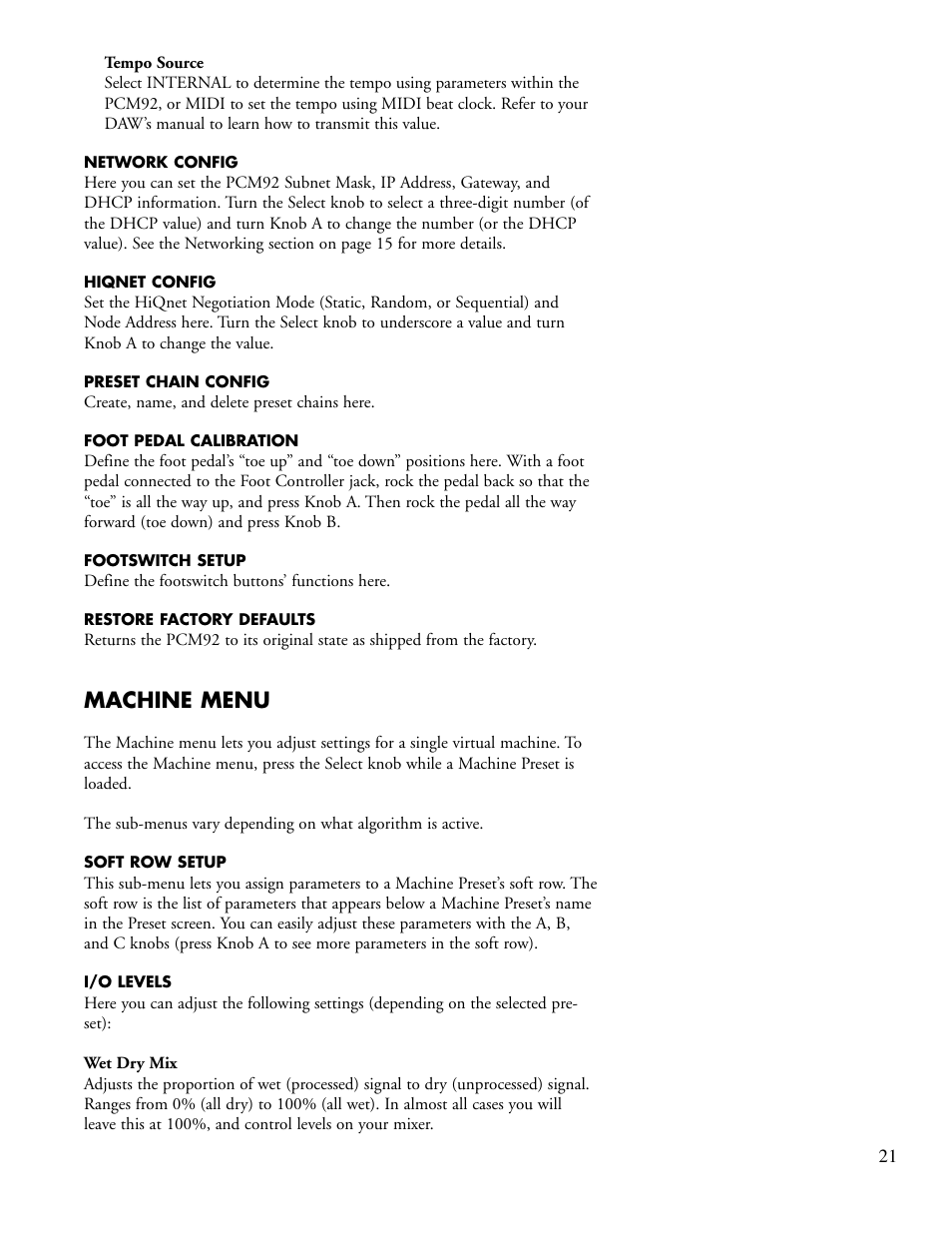 Machine menu | Lexicon PCM92 User Manual | Page 27 / 64