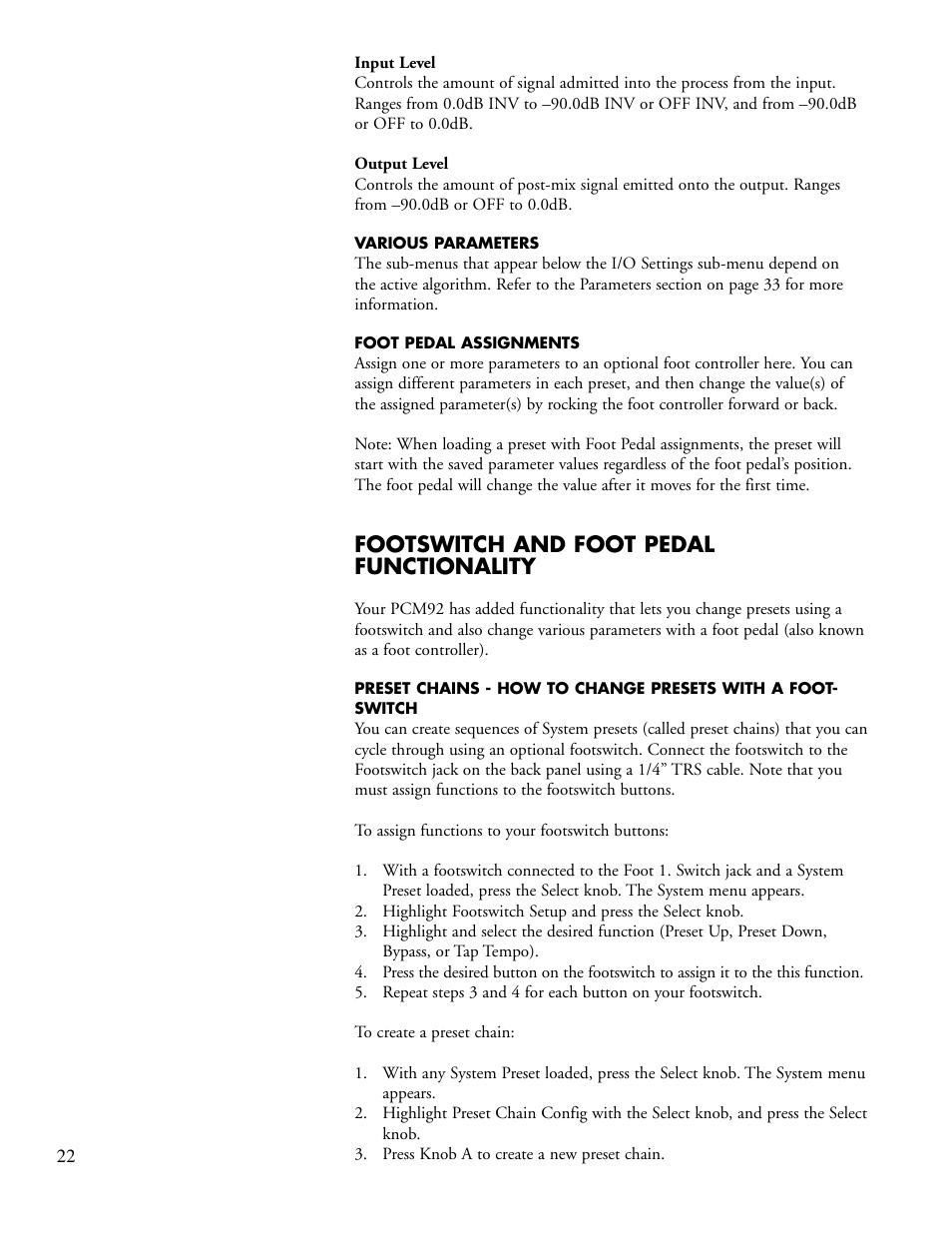 Footswitch and foot pedal functionality | Lexicon PCM92 User Manual | Page 28 / 64