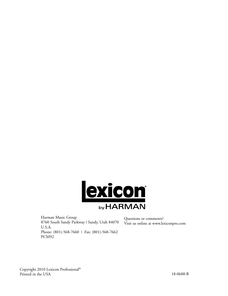 Lexicon PCM92 User Manual | Page 64 / 64