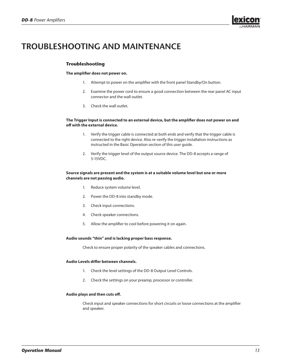 Troubleshooting and maintenance | Lexicon DD-8 User Manual | Page 13 / 64