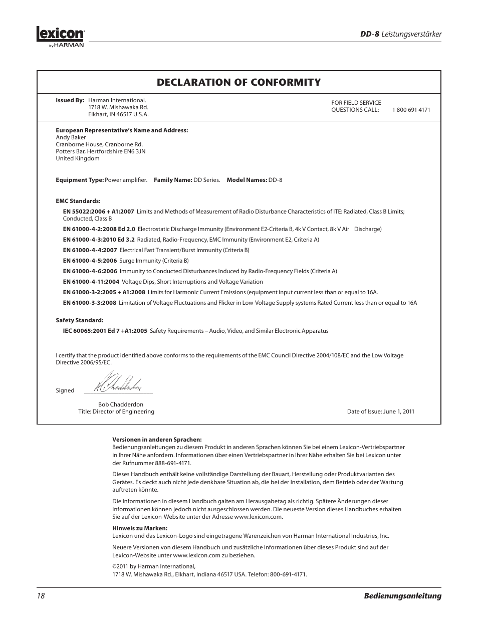 Declaration of conformity | Lexicon DD-8 User Manual | Page 18 / 64