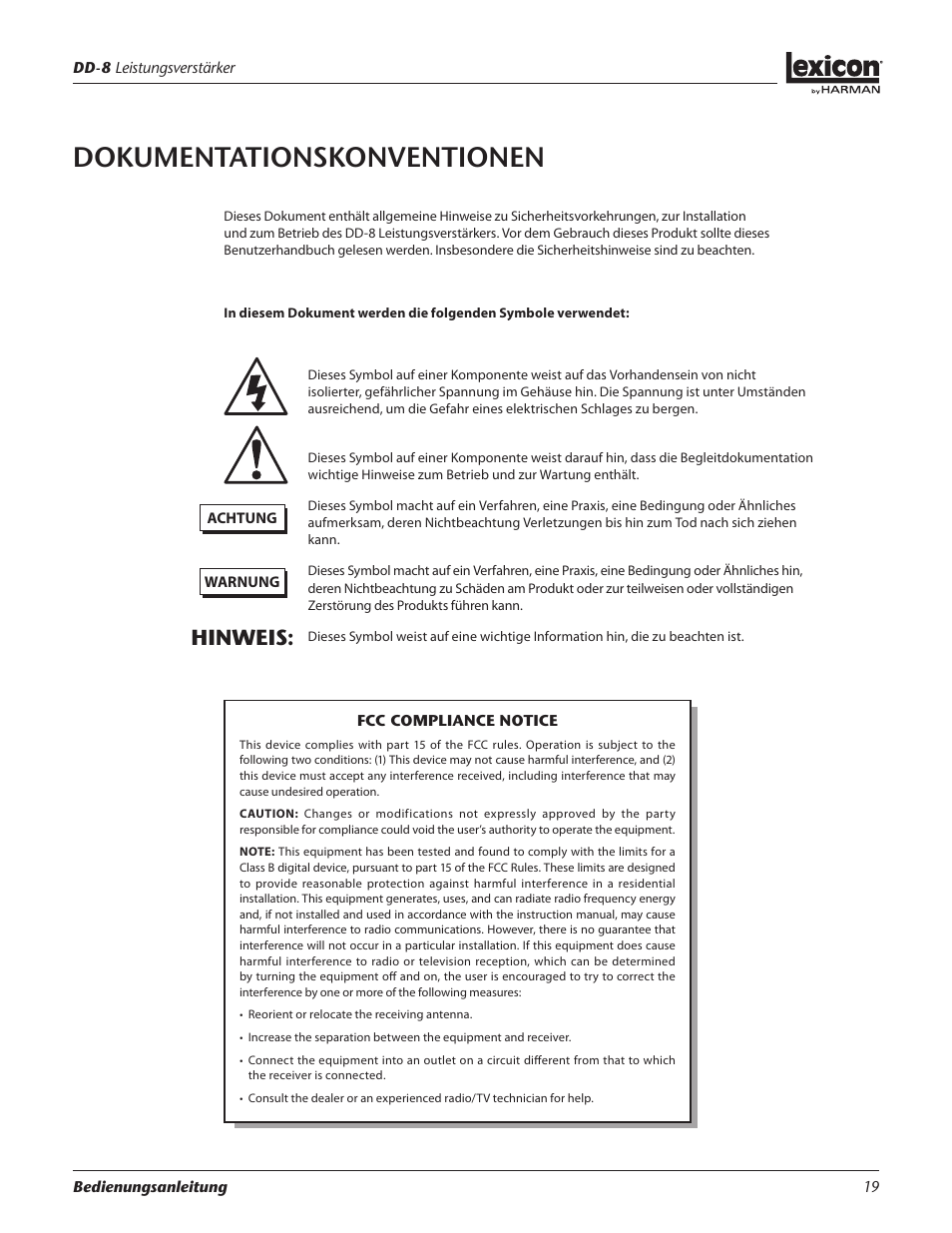 Dokumentationskonventionen, Hinweis | Lexicon DD-8 User Manual | Page 19 / 64