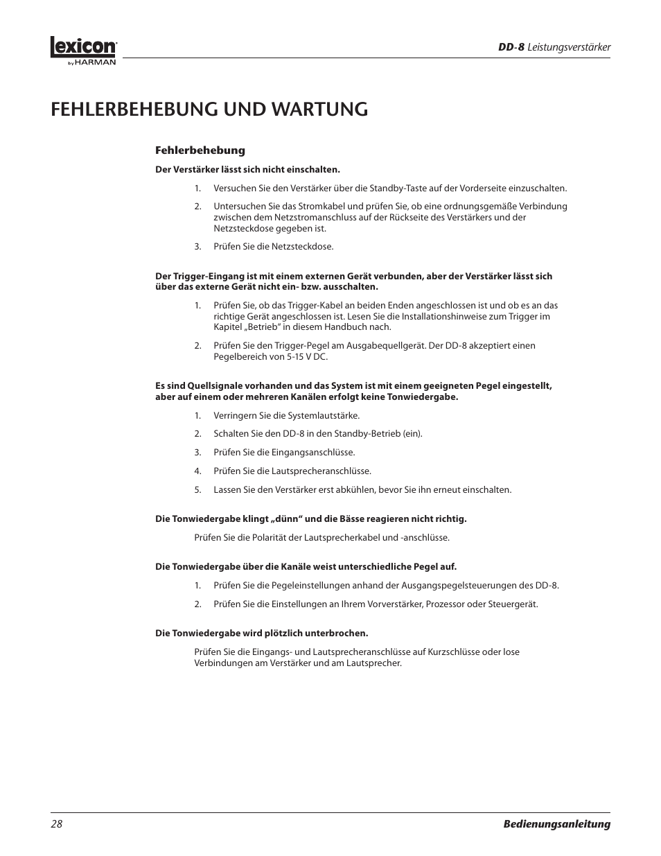 Fehlerbehebung und wartung | Lexicon DD-8 User Manual | Page 28 / 64