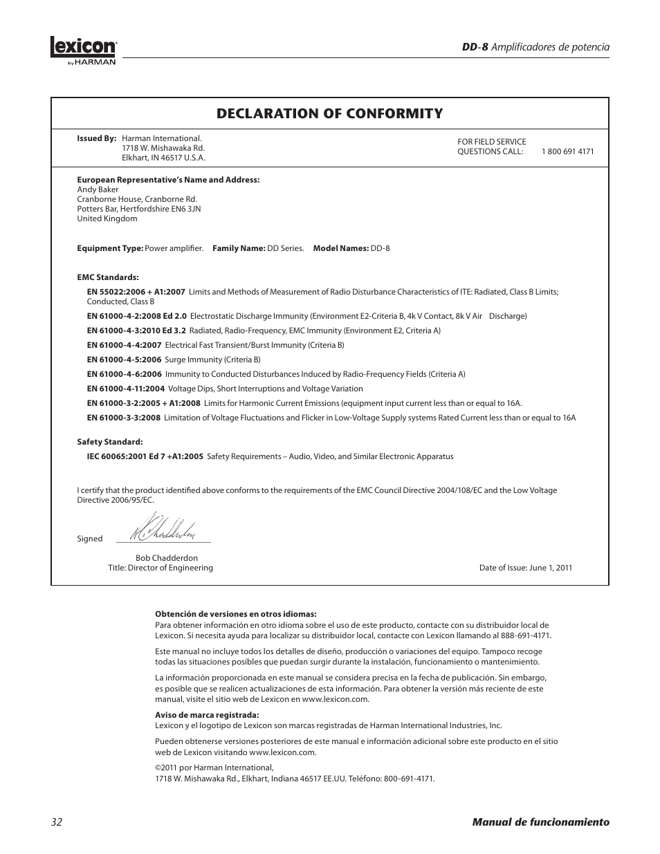 Declaration of conformity | Lexicon DD-8 User Manual | Page 32 / 64