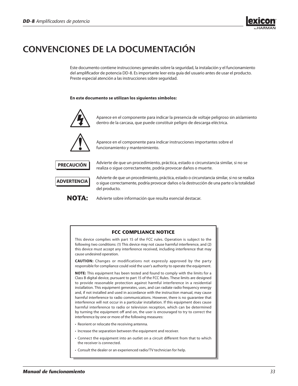 Convenciones de la documentación, Nota | Lexicon DD-8 User Manual | Page 33 / 64