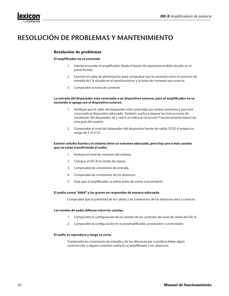 Resolución de problemas y mantenimiento | Lexicon DD-8 User Manual | Page 42 / 64