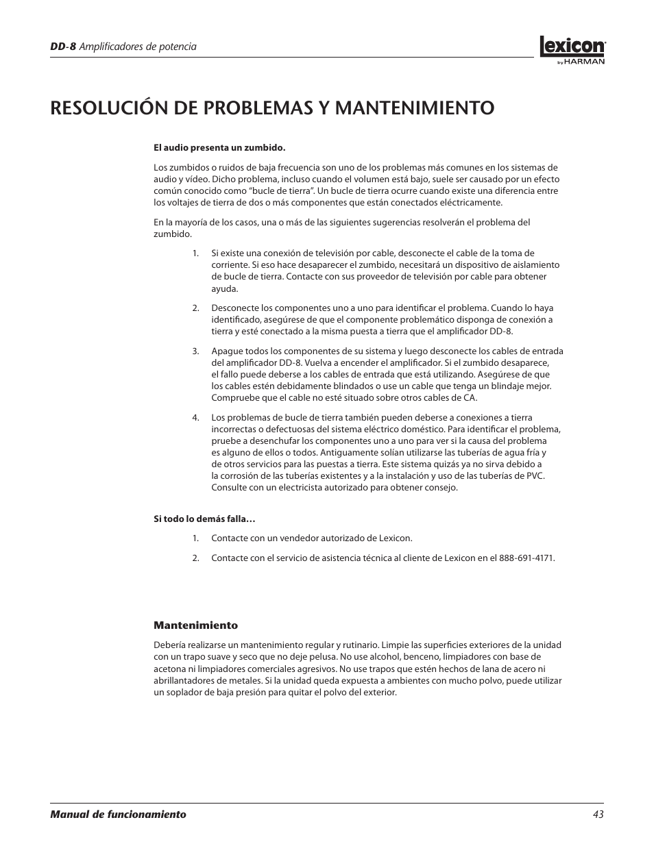 Resolución de problemas y mantenimiento | Lexicon DD-8 User Manual | Page 43 / 64