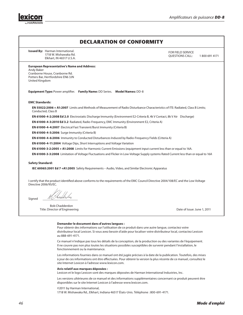 Declaration of conformity | Lexicon DD-8 User Manual | Page 46 / 64