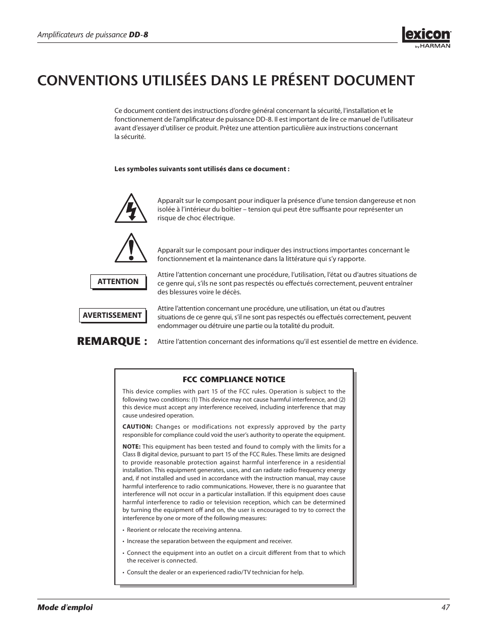 Conventions utilisées dans le présent document, Remarque | Lexicon DD-8 User Manual | Page 47 / 64