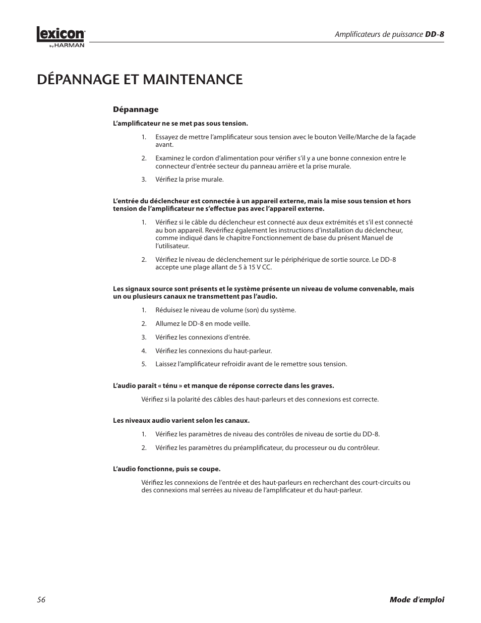 Dépannage et maintenance | Lexicon DD-8 User Manual | Page 56 / 64