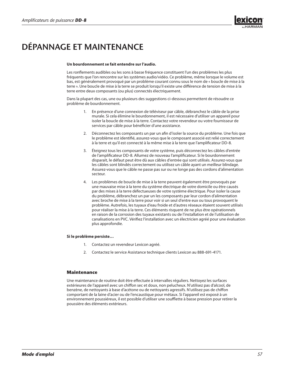 Dépannage et maintenance | Lexicon DD-8 User Manual | Page 57 / 64