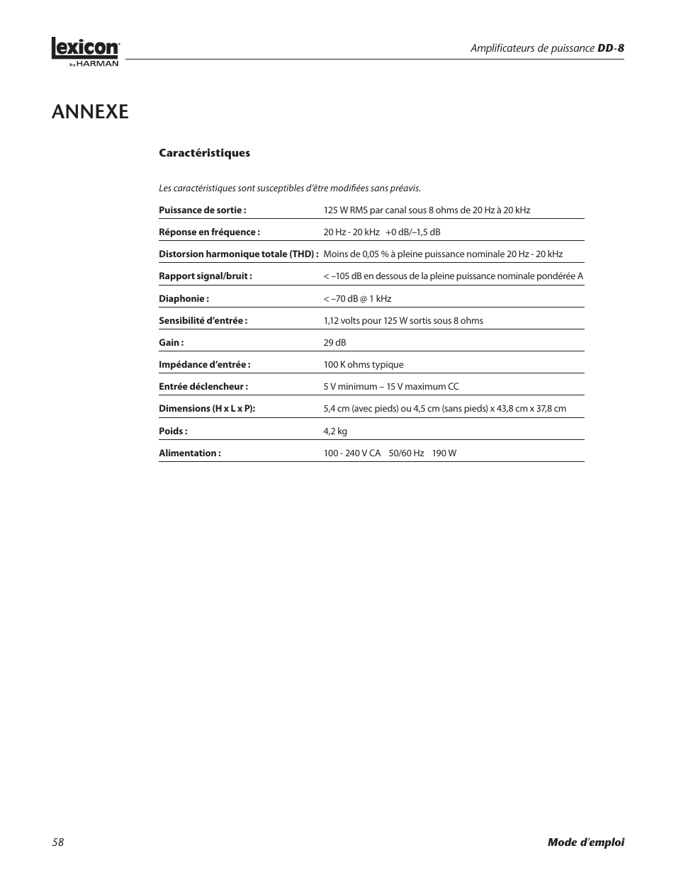 Annexe | Lexicon DD-8 User Manual | Page 58 / 64