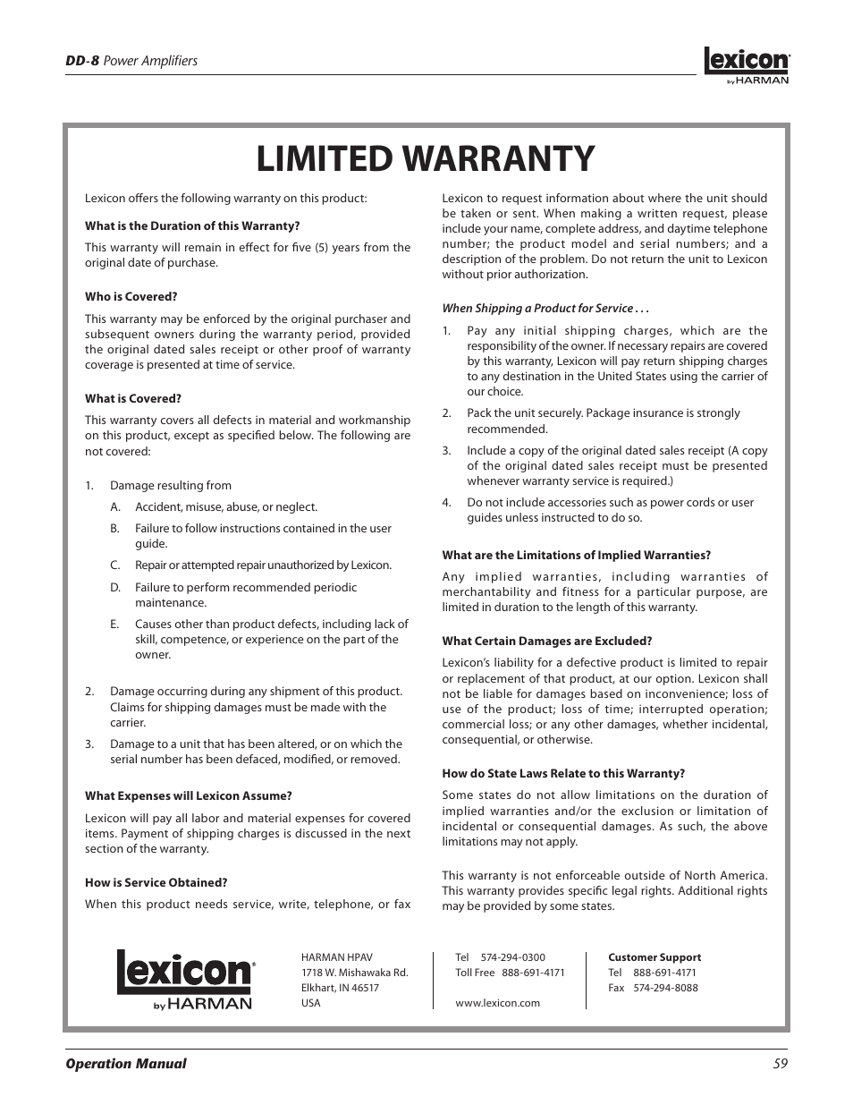 Limited warranty | Lexicon DD-8 User Manual | Page 59 / 64