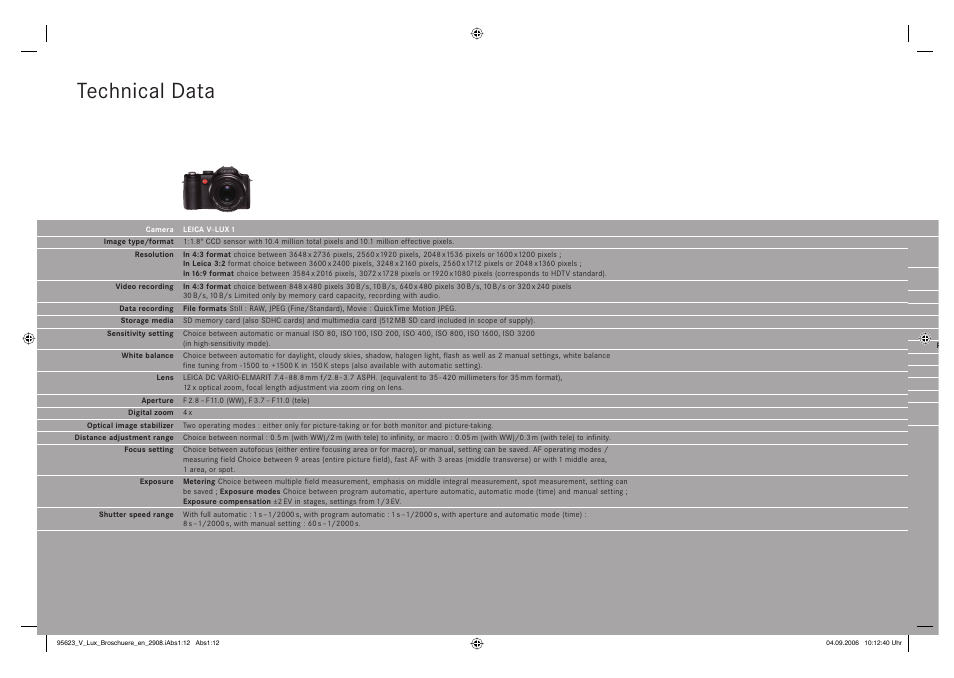 Technical data | LEICA V-LUX 1 User Manual | Page 14 / 16
