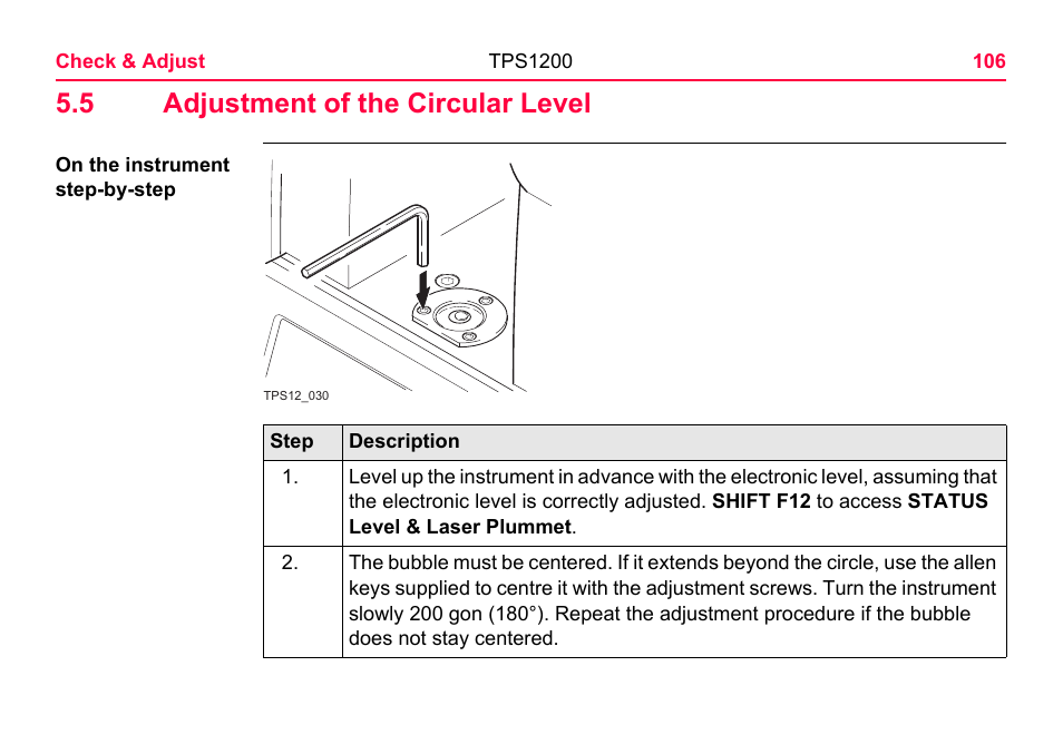 5 adjustment of the circular level, To "5.5 adjustment of the circular level | LEICA TPS1200 User Manual | Page 106 / 226