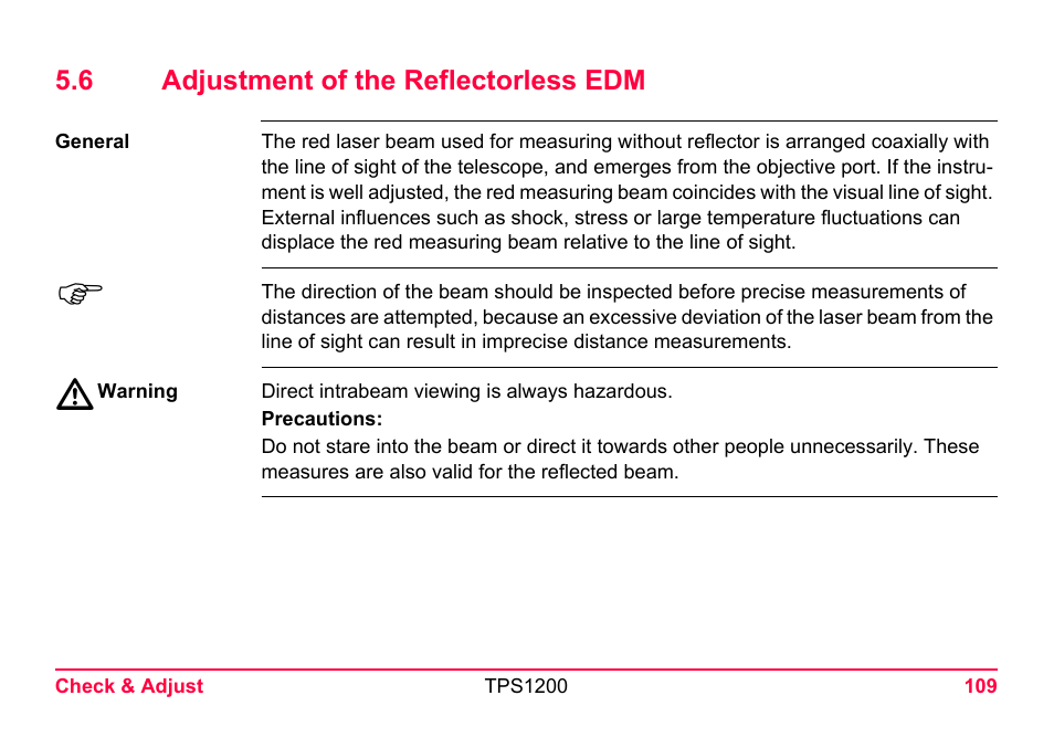 6 adjustment of the reflectorless edm, To "5.6 adjustment of the reflectorless edm | LEICA TPS1200 User Manual | Page 109 / 226