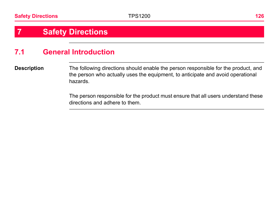 Safety directions, 1 general introduction, 7safety directions | LEICA TPS1200 User Manual | Page 126 / 226