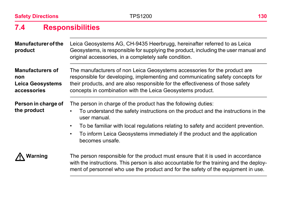 4 responsibilities | LEICA TPS1200 User Manual | Page 130 / 226