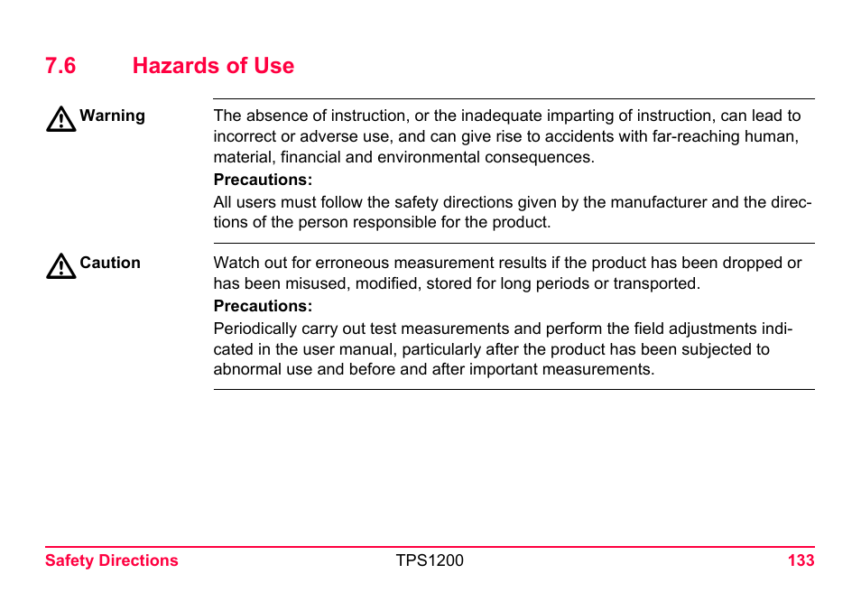 6 hazards of use | LEICA TPS1200 User Manual | Page 133 / 226